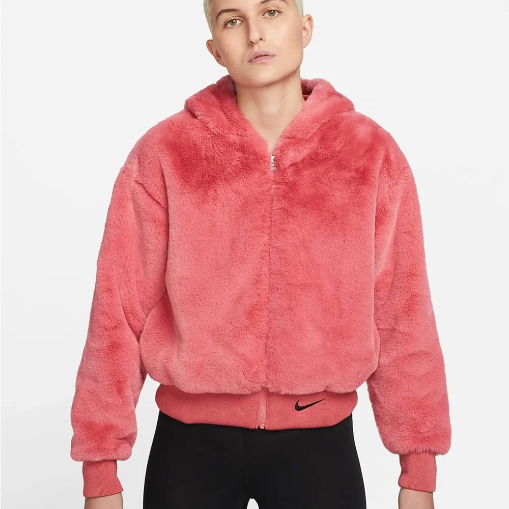 Nike Women’s Faux Fur Sportswear Pink Jacket - Picture 2 of 14